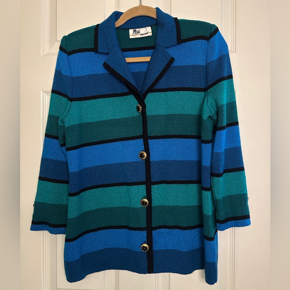 Mira Sport Blue and Green Striped Sweater - Size Petite Small